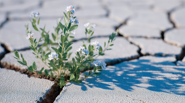 Close-up of a tiny green plant pushing through cracked concrete, bright sunlight illuminating delicate leaves, hyperrealistic textures on concrete cracks, soil, and plant stem, det