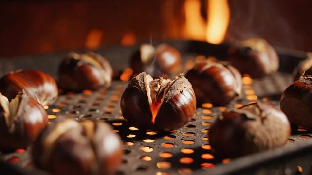 Close-up of roasting chestnuts over an open fire, showing the shells splitting with steam rising, seasonal autumn food.