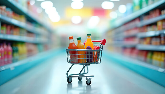 Mini shopping cart with juice bottles and produce sits on aisle floor in bright supermarket. Shelves filled with goods create a blurred background for grocery shopping.