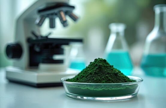 Green spirulina powder in petri dish with microscope and lab flasks. Scientific research for health supplements. Nutrient analysis and development in lab setting. Food ingredient exploration.