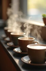 Fototapeta premium Several steaming coffee cups arranged in row on dark surface. Gentle steam rises from hot beverages, suggesting warmth and comfort. Close-up view focuses on inviting aroma and inviting morning ritual.