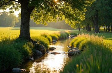 Naklejka premium Gentle stream flows through rich green farm grass and rocks. Tall tree branches cast shade on sunlit meadow and clear water. Peaceful countryside nature landscape.