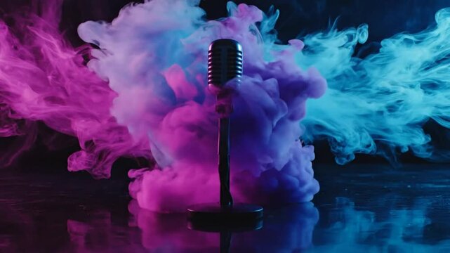 Vintage microphone on stand enveloped in vibrant purple and blue smoke with a dark moody background