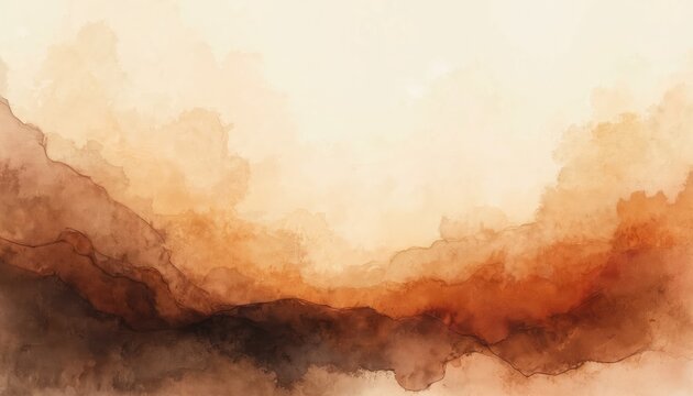 Earthy watercolor abstract art with soft beige brown orange tones. Layers of blended paint create fluid mountain or cloud shapes. Warm gradient background texture, artful design.