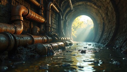 Fototapeta premium Rusty pipes submerged in dirty water inside a dark underground tunnel. Sunbeams filter through an opening, illuminating murky passage with debris and decay. Industrial infrastructure passage.