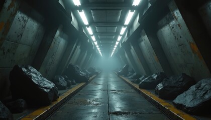 Fototapeta premium Gritty sci-fi corridor interior with rough rock formations. Futuristic industrial passage with bright fluorescent lights. Dark moody atmosphere.