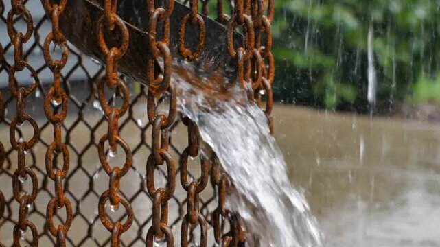 Rainwater gushing from a rusty chain downspout, flowing against a chain link fence, capturing the beauty of nature's elements