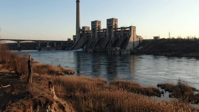 Scenic aerial view of a concrete dam and industrial buildings on a wide river during sunset