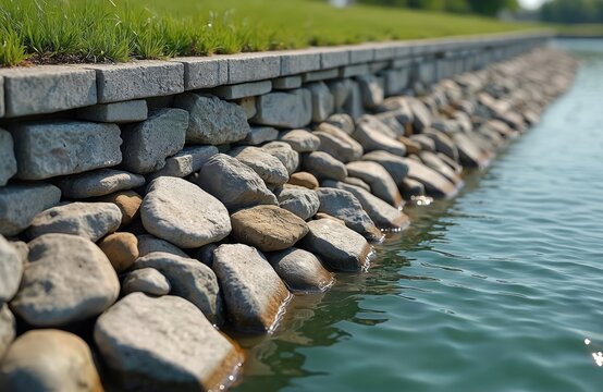 Stacked stones form a rugged wall along calm green water. Grass grows on top of the embankment. Water laps against the rocks at the shoreline.