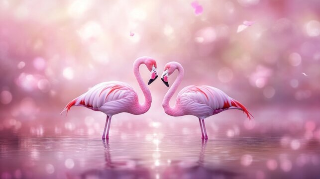 Two flamingos in love dreamy wildlife scene
