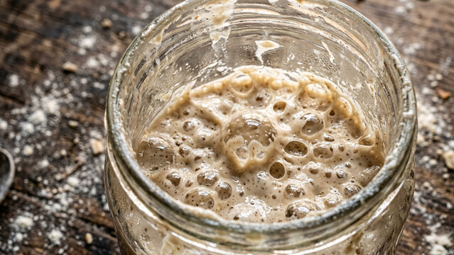 Close-up of active sourdough starter with bubbles in glass jar, artisan baking process