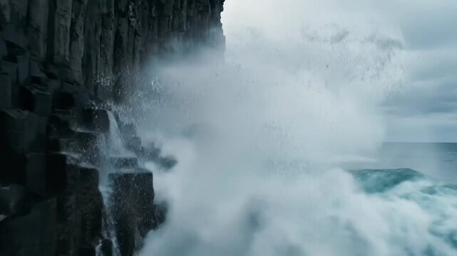 Dramatic ocean wave crashing against dark basalt cliffs under a cloudy gray sky creating mist and spray