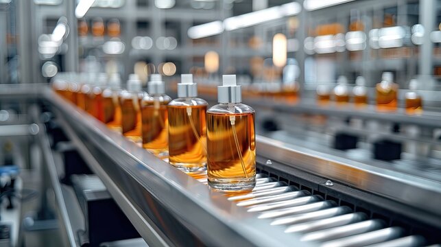 Transparent liquid soap bottles on conveyor automated production cosmetic factory concept
