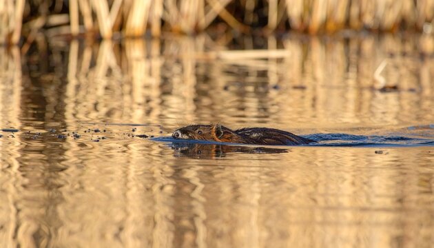 Muskrat (Ondatra zibethicus) Swimming in Calm Marsh Water at Golden Hour