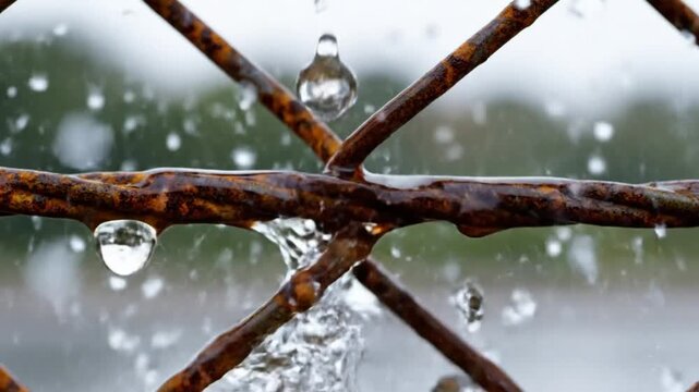 Rain drops create a splash as they hit a rusted wire fence on a cloudy day