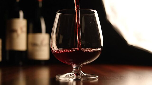 Red wine being poured into a brandy glass on a wooden table with bottles in the background