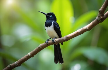 Fototapeta premium Small black and white bird with long tail feathers sits on a brown tree branch. It has bright blue eye rings. Background is rich green foliage with soft light.