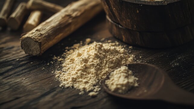 Ground root powder with wooden spoon and mortar