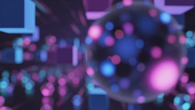 Abstract futuristic neon cubes floating in a perspective tunnel with bokeh particle lights