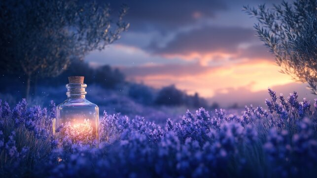 Lavender field glowing bottle at sunset