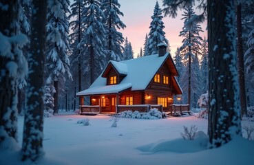 Obraz premium Wooden log cabin glows warm orange light in snowy winter forest. Tall pine trees covered in snow surround peaceful remote house. Evening twilight sky sets tranquil holiday mood. Christmas season