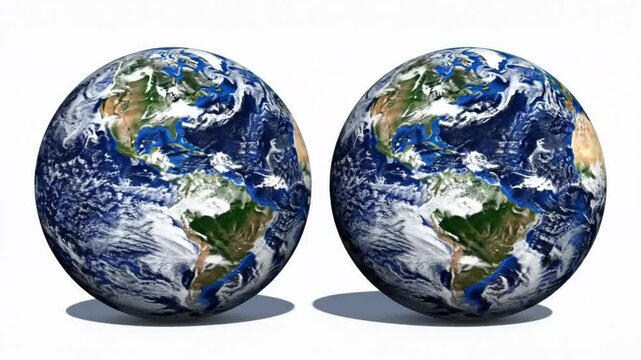 Two rendered globes with Earth's continents rotating slowly against a white backdrop for science and geography concepts.