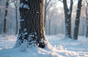 Fototapeta premium Close up of a snow-covered tree trunk in a winter forest. Frost crystals cover the rough bark and surrounding snow. Peaceful cold landscape with soft light in background.