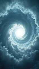 Fototapeta premium Dark stormy clouds swirl into a tight vortex shape. Bright white light shines from the center, creating a dramatic, intense sky tunnel. This dynamic atmosphere looks like a cosmic.