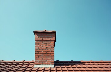 Naklejka premium Brick chimney on tiled roof against clear blue sky. Residential house exterior detail. Roof tiles cover building structure. Minimalist architecture background.