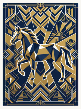Geometric horse in blue and gold art deco poster