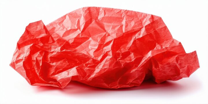 Crumpled red paper rests upon white surface. Texture appears delicate, possibly tissue or wrapping material. Simple composition, strong contrast.
