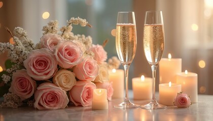 Fototapeta premium Two champagne glasses stand with pink roses and lit candles. Soft glowing lights create romantic festive mood. Perfect for celebrations and special events.