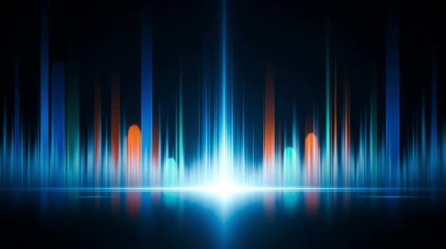 Audio, spectrum and frequency analysis in a dark background for sound visualization, music production and data representation with glowing waveforms illustrating audio signals processing