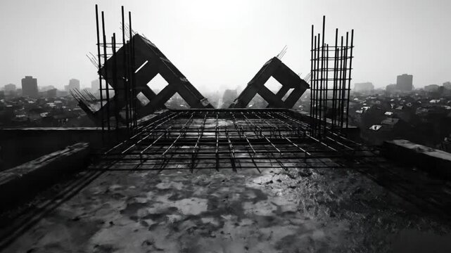 Black and white construction site rooftop view of unfinished building rebar and architecture looking over cityscape