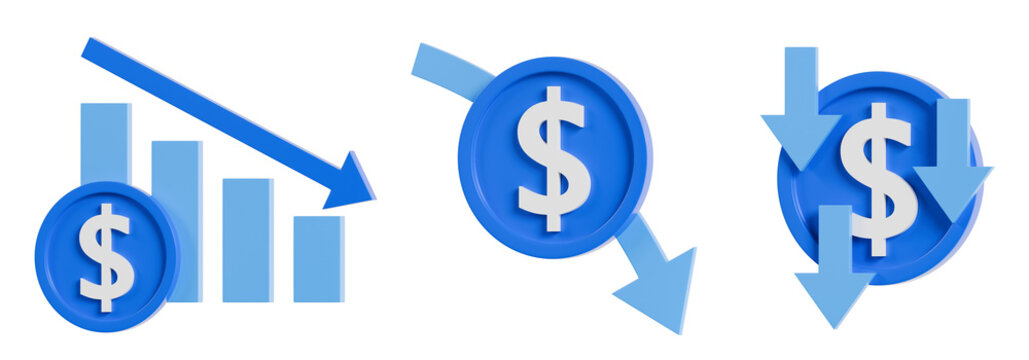 Set of 3D finance icons representing financial decline, including falling bar chart, dollar coin with downward arrow and multiple decrease arrows