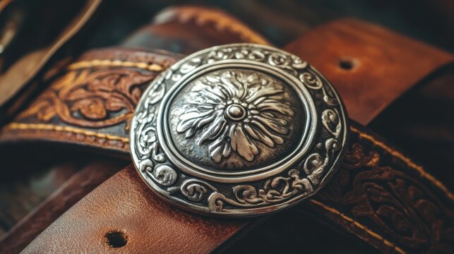 Silver buckle and tooled leather belt