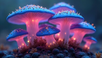 Naklejka premium Bioluminescent blue mushrooms glow with pink light in dark forest floor. Small glowing particles float around magical fungi, creating an enchanted atmosphere.