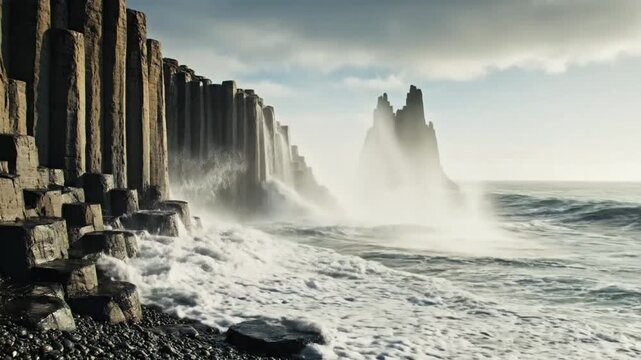 Epic basalt columns coastline with a powerful wave crashing, capturing nature's beauty and raw power