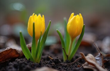 Naklejka premium Two bright yellow winter aconite flowers push through dark soil. Green leaves unfurl from delicate buds. These small wildflowers signify early spring growth on the forest floor.