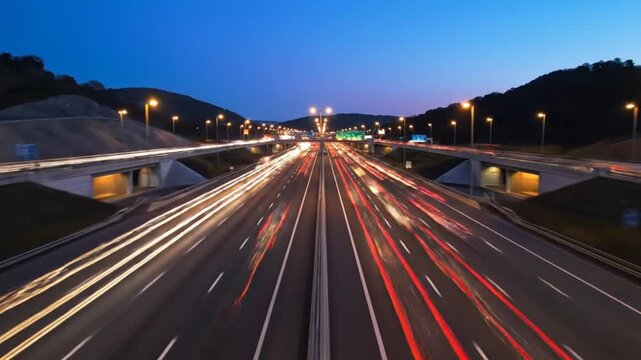 Evening rush hour traffic on a multi-lane highway with bridges illuminated by streetlights creating streaks of light