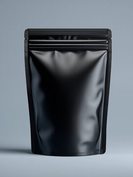 Black doypack mockup blank mylar bag packaging on minimal background