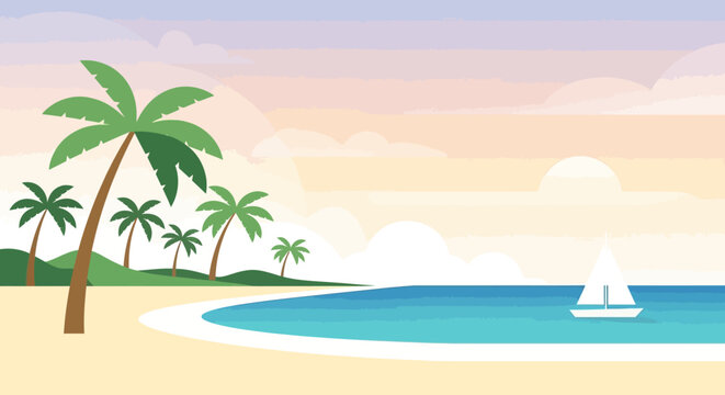 Tropical beach with palm trees, ocean, and sailboat at sunset
