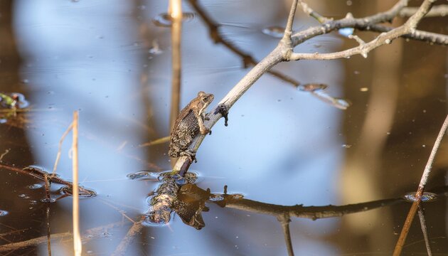 Small brown frog sitting on a thin twig above a water pond