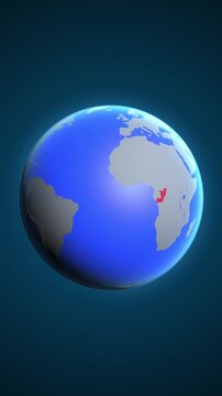 The animation shows a graphic representation of the earth and highlights the location and map of Rpublic of the Congo colored red in vertical format.