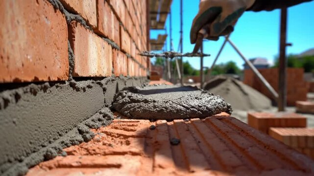Close-up view of a bricklayer using a trowel to spread mortar onto the bricks for a new wall