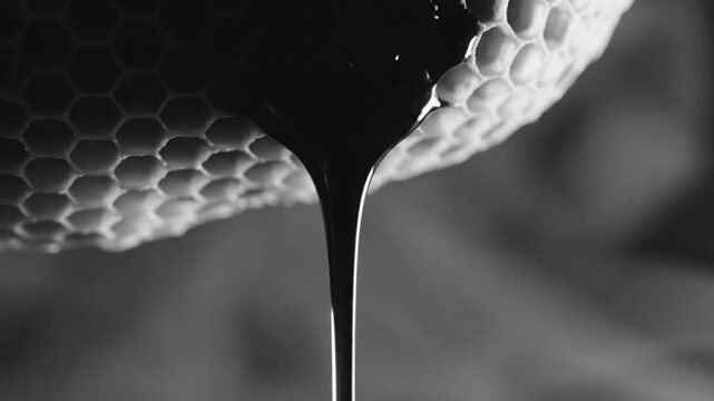 Black and White Honeycomb with Honey Dripping into a Pool, Close-up of Natural Sweetness and Texture