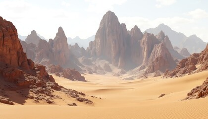 Fototapeta premium Vast desert landscape with towering rocky mountains under a hazy sky. Sand dunes show ripple patterns from wind. Arid terrain stretches towards distant peaks.