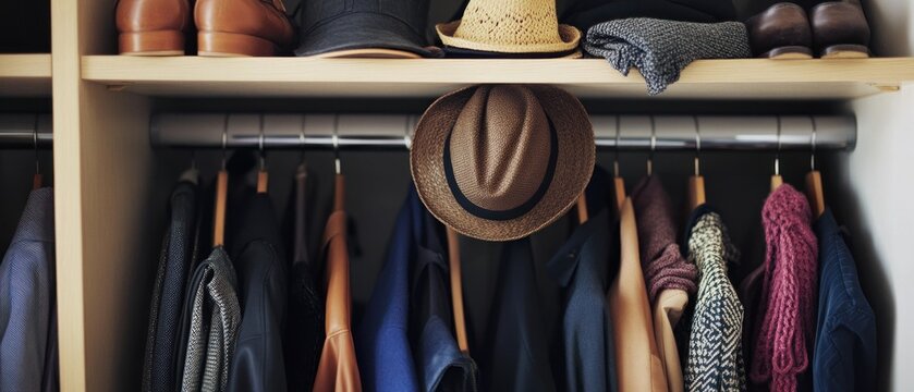 Clothes and hats on shelf and rack