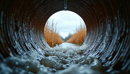Fototapeta premium Water flows through large pipe exiting into channel with dry grass on banks. Close up view from inside concrete tunnel, perspective towards outdoor landscape.