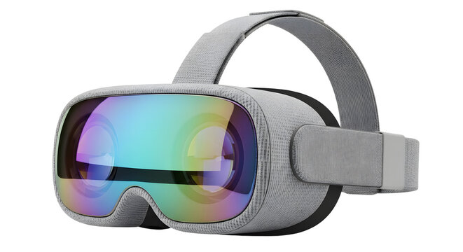 A sleek virtual reality headset with vibrant rainbow lenses 2026 soccer world championship. Transparent background